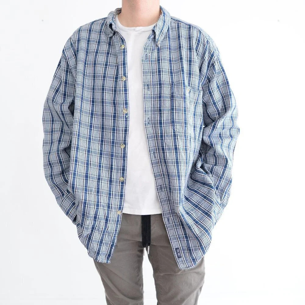 Vintage Cherokee Blue White Brown Checker  Thick 100% Cotton Button Up Shirt